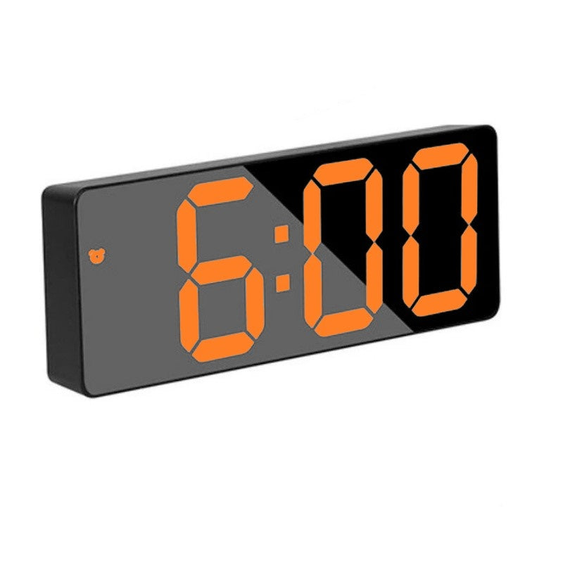 Ceas Electronic de Masa cu Lumina Led Portocaliu, Temperatura, Alarma, Comanda Vocala, 2 Trepte de Lumina, 160 X 60 X 25 mm, Adaptor Inclus, Negru - Frize