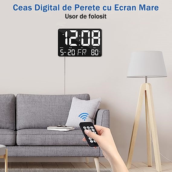 Ceas Digital de Masa si de Perete cu Lumina Led Alb, Calendar, Temperatura, Alarma, Termometru, Functie Snooze, Luminozitate Adjustabila, 25x16cm - Frize