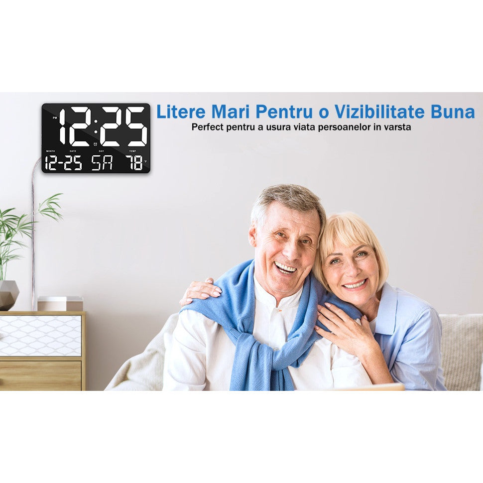 Ceas Digital de Masa si de Perete cu Lumina Led Alb, Calendar, Temperatura, Alarma, Termometru, Functie Snooze, Luminozitate Adjustabila, 25x16cm - Frize