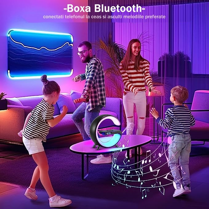 Ceas Digital cu Incarcare Wireless, Boxa Bluetooth, Control din Aplicatie, RGB, Functie de Apel, Luminozitate Reglabila, Alarma, Ecran LED, Negru - Frize