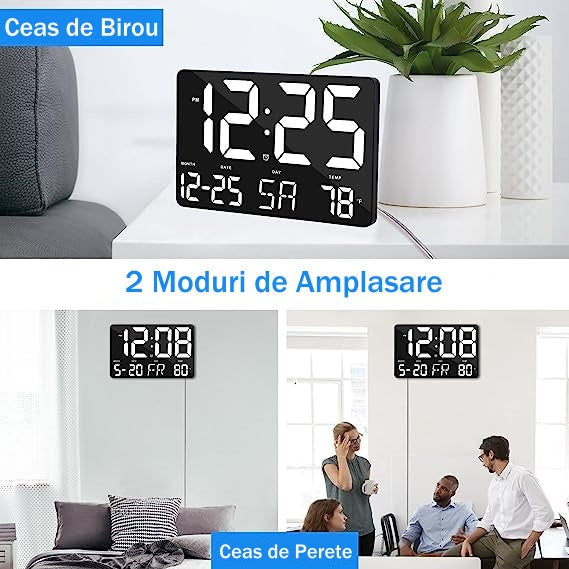 Ceas Digital de Masa si de Perete cu Lumina Led Alb, Calendar, Temperatura, Alarma, Termometru, Functie Snooze, Luminozitate Adjustabila, 25x16cm - Frize