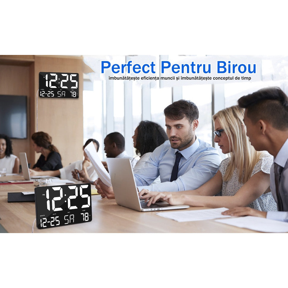 Ceas Digital de Masa si de Perete cu Lumina Led Alb, Calendar, Temperatura, Alarma, Termometru, Functie Snooze, Luminozitate Adjustabila, 25x16cm - Frize