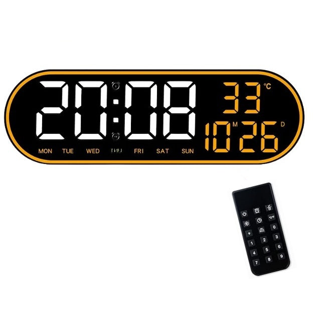 Ceas Digital de Masa si de Perete Oval cu Lumina Led Portocaliu, Calendar, Cronometru, Temperatura, 2 Alarme, Termometru, Functie Snooze, 5 Trepte de Intensitate, Telecomanda, Afisare Umiditate, 38cm - Frize