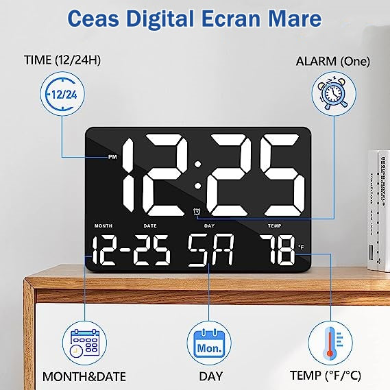 Ceas Digital de Masa si de Perete cu Lumina Led Alb, Calendar, Temperatura, Alarma, Termometru, Functie Snooze, Luminozitate Adjustabila, 25x16cm - Frize