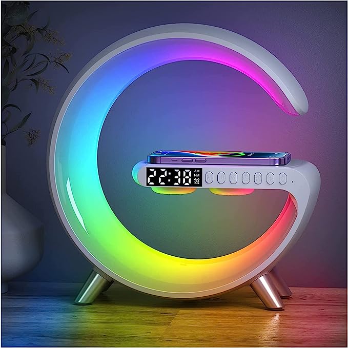 Ceas Digital cu Incarcare Wireless, Boxa Bluetooth, Control din Aplicatie, RGB, Functie de Apel, Luminozitate Reglabila, Alarma, Ecran LED, Negru - Frize