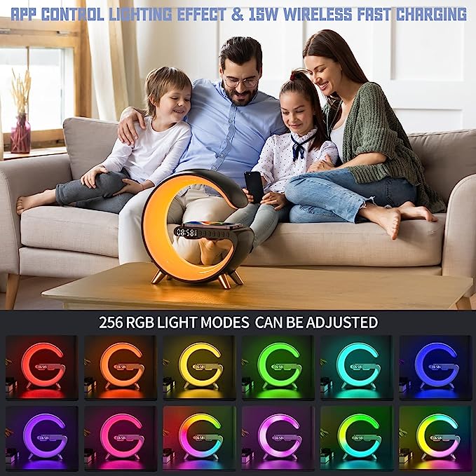 Ceas Digital cu Incarcare Wireless, Boxa Bluetooth, Control din Aplicatie, RGB, Functie de Apel, Luminozitate Reglabila, Alarma, Ecran LED, Negru - Frize