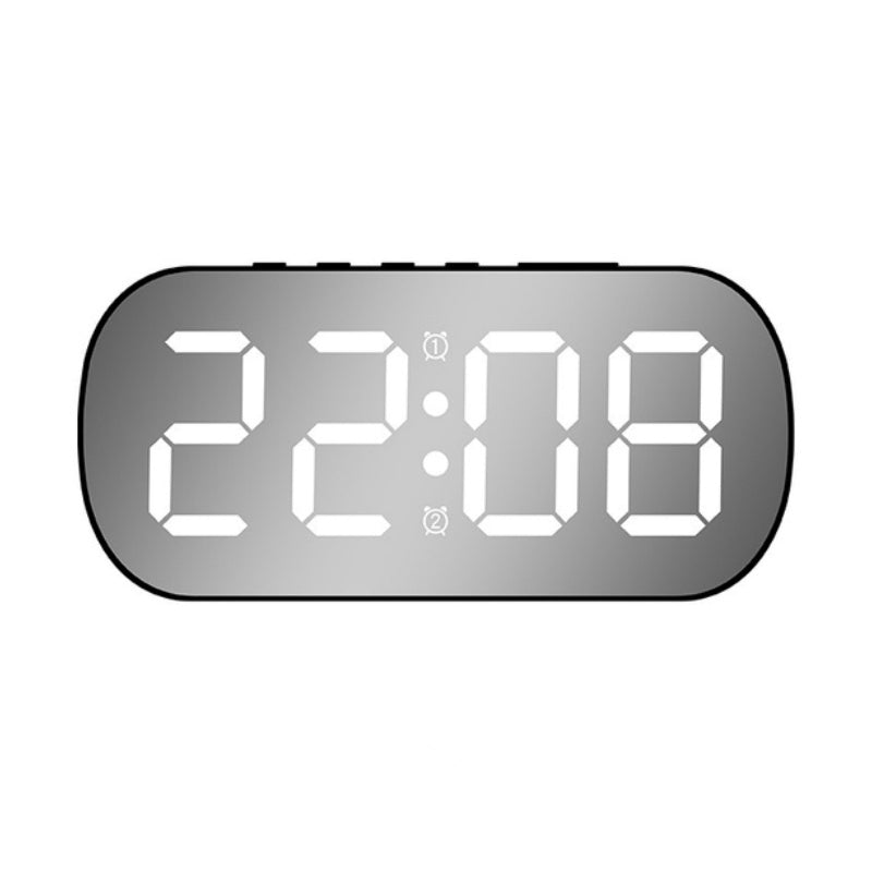 Ceas Digital de Masa cu Led Alb, Stil Oglinda Oval, Alarma, Ecran LED, 5 Niveluri de Luminozitate, Adaptor Inclus, Negru - Frize