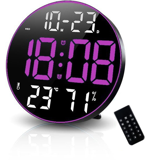 Digitális asztali és falióra lila LED fénnyel, naptár, hőmérséklet, 2 ébresztő, hőmérő, szundi funkció, 5 fokozatú intenzitás, távirányító, páratartalom kijelző, 30 cm