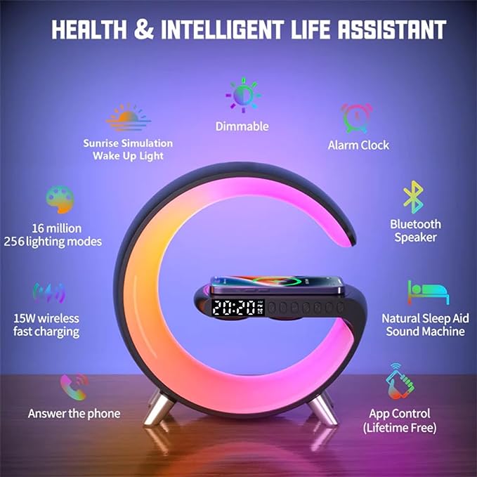 Ceas Digital cu Incarcare Wireless, Boxa Bluetooth, Control din Aplicatie, RGB, Functie de Apel, Luminozitate Reglabila, Alarma, Ecran LED, Negru - Frize
