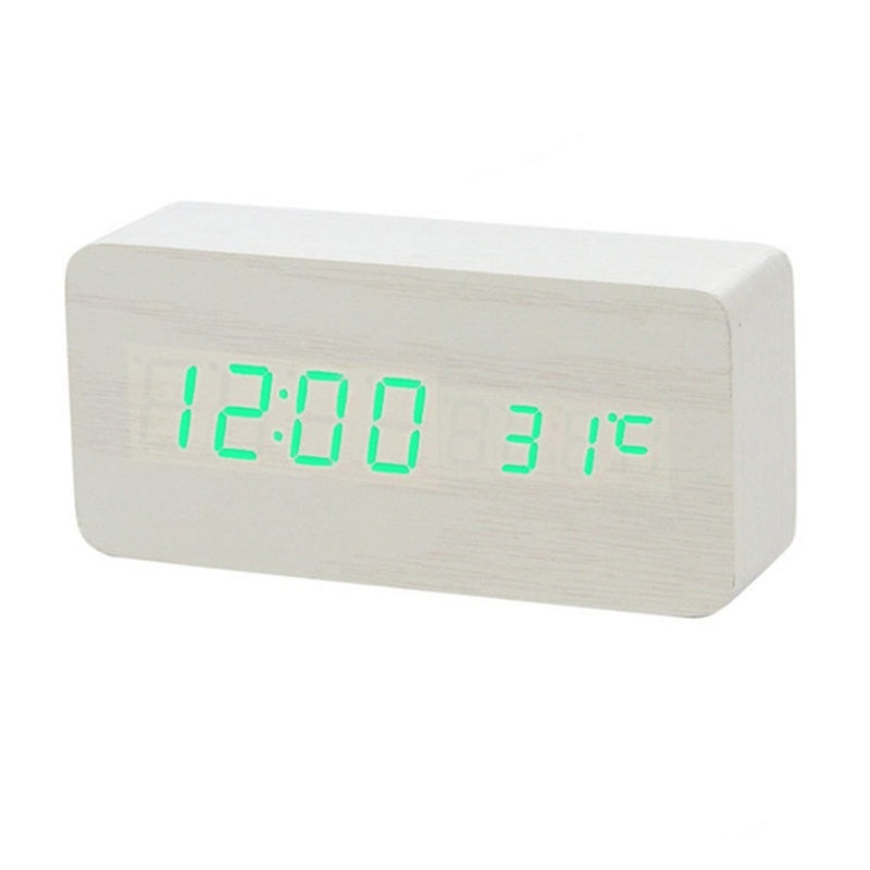 Ceas Electronic de Masa cu Led Verde, Termometru, Alarma, Control Vocal, 3 Trepte de Lumina, 15x7x4 cm, Adaptor Inclus, Alb - Frize