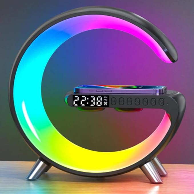 Ceas Digital cu Incarcare Wireless, Boxa Bluetooth, Control din Aplicatie, RGB, Functie de Apel, Luminozitate Reglabila, Alarma, Ecran LED, Negru - Frize